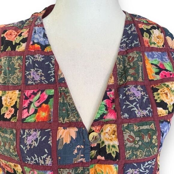 Vintage 90s Vest Multicolor Dark Floral Patchwork Checkered Tie Waistcoat Medium - Picture 5 of 10